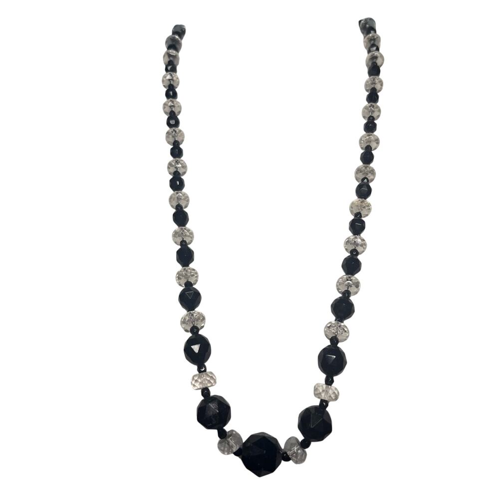 Vintage Glass Jet and Crystal Faceted Bead Opera Length Necklace Toggle Clasp